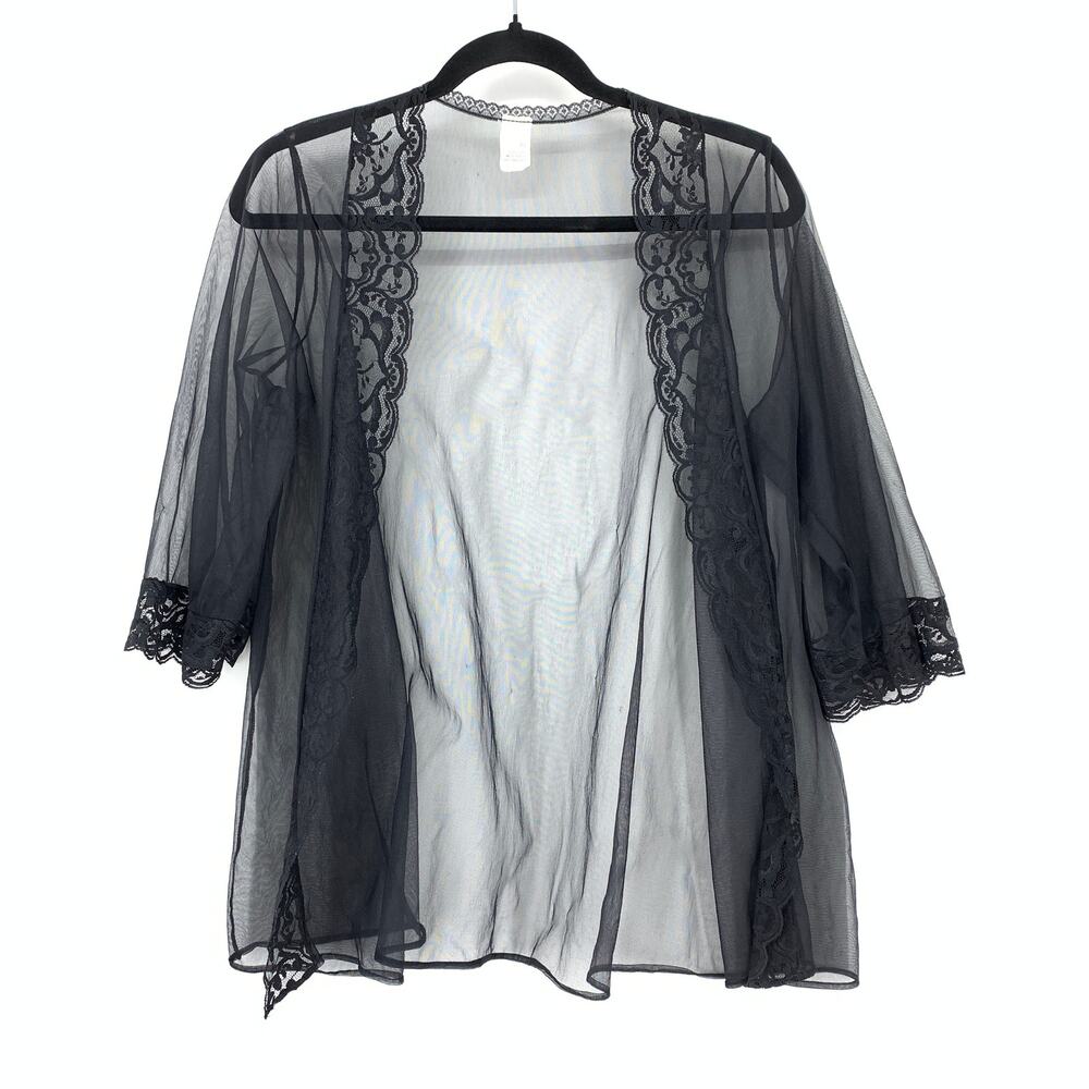 Vintage 80s Nylon Bed Jacket Womens Size Small Black Lace Trimmed 3/4 Sleeve